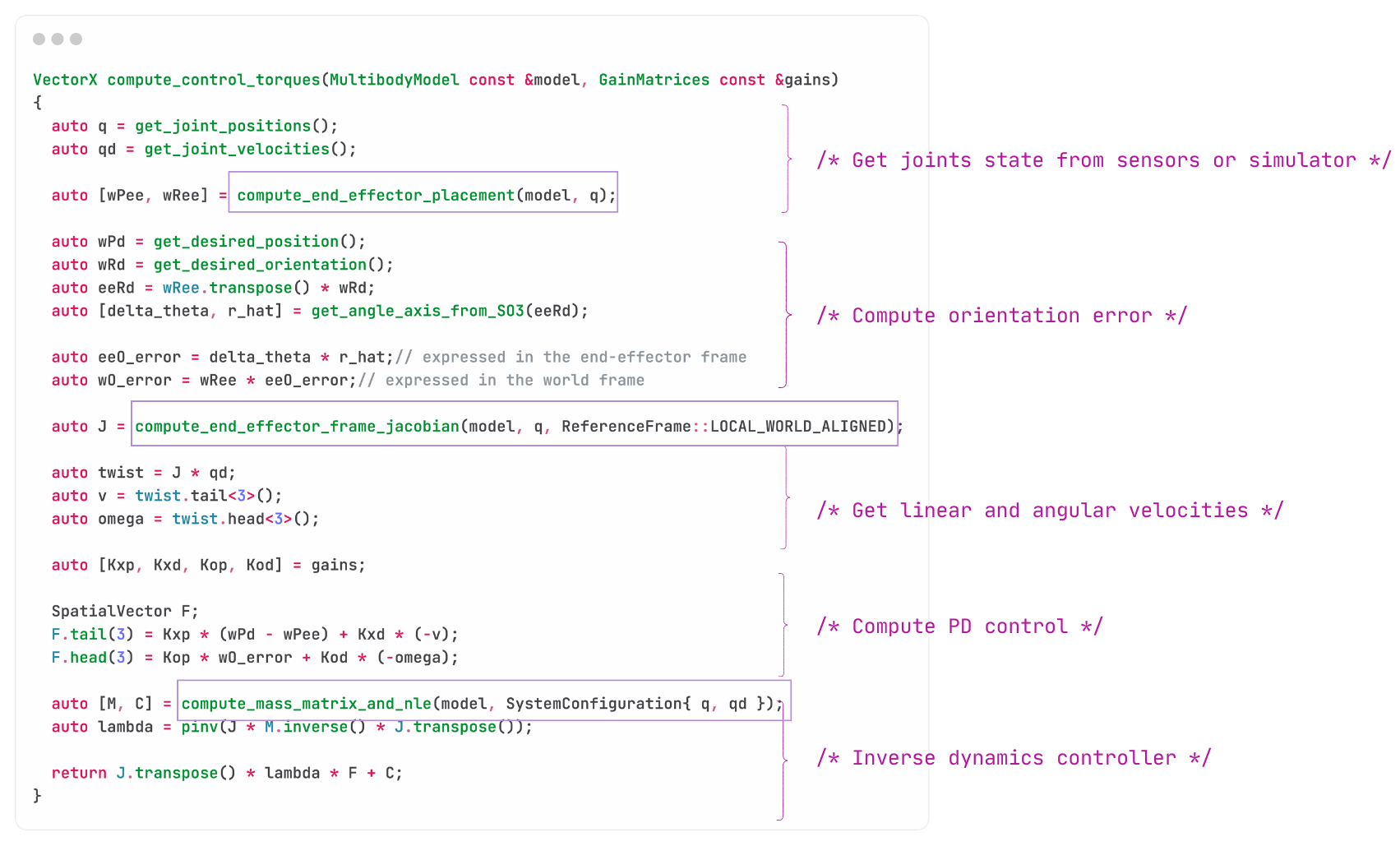 Operational space controller code